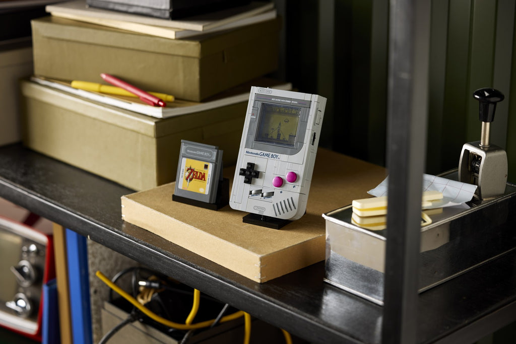 LEGO Game Boy on display with Super Mario Land and Link’s Awakening Game Paks