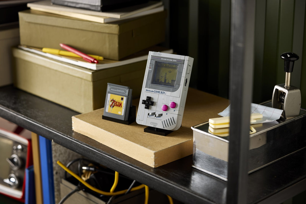 LEGO Game Boy on display with Super Mario Land and Link’s Awakening Game Paks